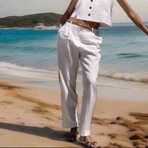 ZARA Women's Belted Straight Leg Linen Blend Pants(White, US M/EUR M)